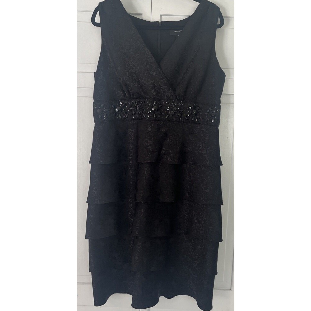 R&M RICHARDS Black Tiered Cocktail Dress Beaded Waistline Size 16